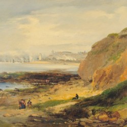 Landscape with boats near a distant city